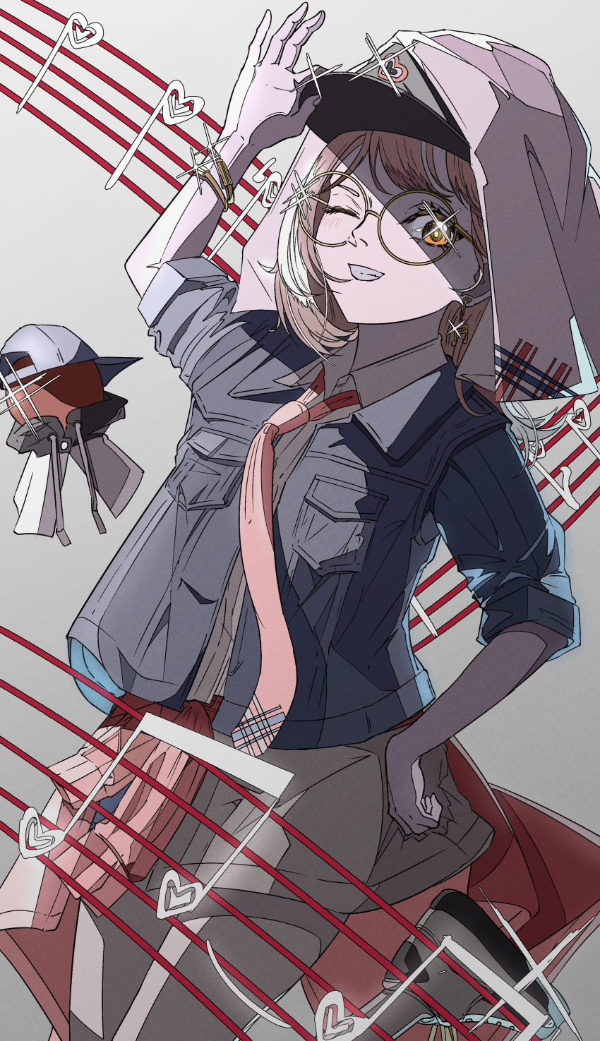 1girl absurdres adjusting_clothes adjusting_headwear apple_(reverse:1999) baseball_cap beamed_eighth_notes blue_jacket brown_hair cowboy_shot glasses gradient_background grey_background grin hand_on_headwear hand_on_own_hip hand_up hat head_scarf highres jacket leg_up looking_at_viewer miniskirt musical_note natsugu72 necktie one_eye_closed orange_eyes quarter_note red_necktie regulus_(reverse:1999) reverse:1999 round_eyewear shirt shoes short_hair skirt sleeves_pushed_up smile sneakers solo sparkle staff_(music) white_shirt white_skirt