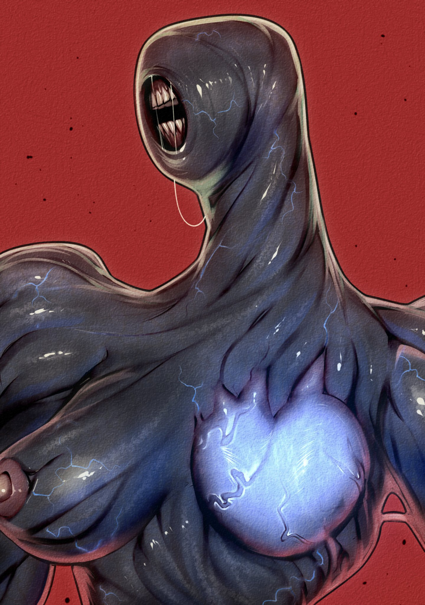 2024 areola big_breasts bodily_fluids breasts capcom derek_hetrick dripping exposed_heart eyeless female hi_res humanoid monster monstrous_humanoid nipples noseless rasklapanje_(resident_evil) red_background resident_evil saliva saliva_drip saliva_string simple_background slim solo teeth vein