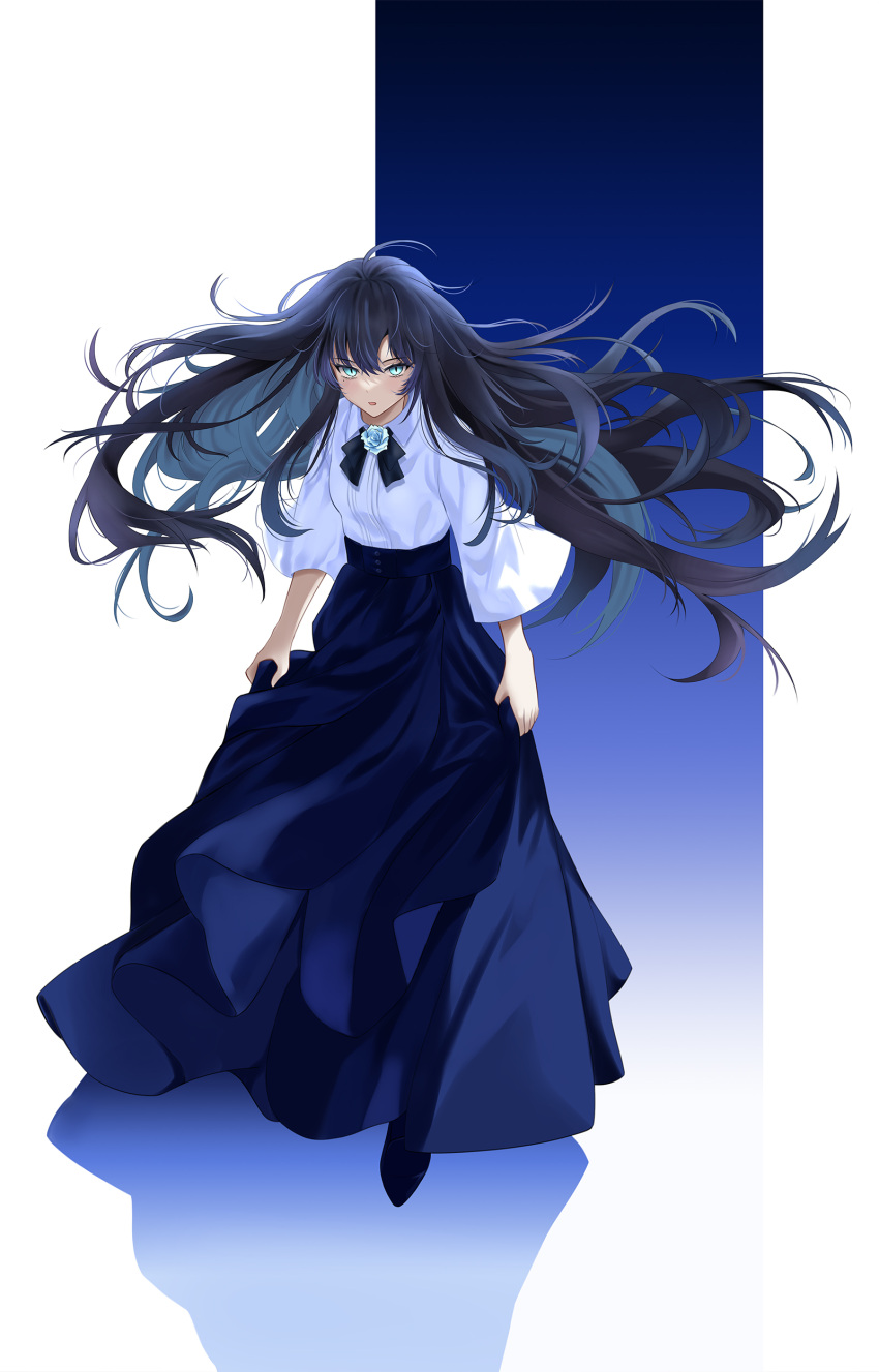 1girl absurdres ado_(utaite) black_bow black_bowtie blue_eyes blue_flower blue_rose blue_skirt blush bow bowtie chando_(ado) cloud_nine_inc collared_shirt floating_hair flower flower_brooch full_body hair_spread_out highres long_hair mole mole_under_eye open_mouth rain_(rain910) reflective_floor rose shirt skirt skirt_hold sleeves_past_elbows solo utaite walking white_shirt