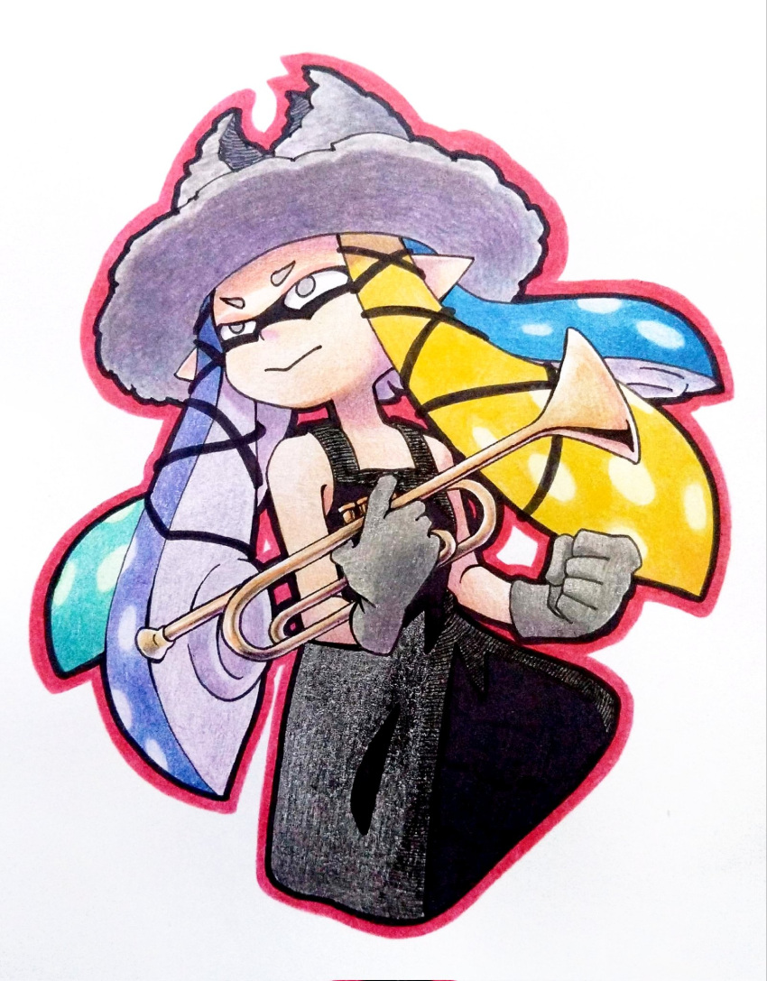 1girl aqua_hair black_dress blonde_hair blue_hair clenched_hand co_ma_tsu_na cropped_torso dress gloves grey_eyes grey_gloves grey_headwear highres holding_trumpet instrument outline pointy_ears purple_hair red_outline simple_background solo splatoon_(series) splatoon_3 suction_cups tentacle_hair trumpet white_background yoko_(splatoon)