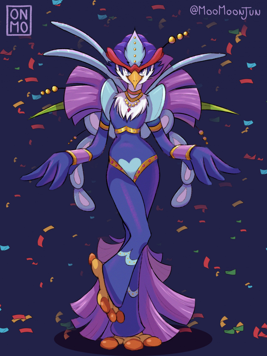 2023 anthro avian barefoot beak blue_body blue_feathers carnival_(holiday) dancing digital_drawing_(artwork) digital_media_(artwork) dorvyn_(rhode_arts) feathers feet generation_9_pokemon heart_pattern hi_res holidays jewelry looking_at_viewer male moomoonjun nintendo pokemon pokemon_(species) quaquaval solo talons toes watermark