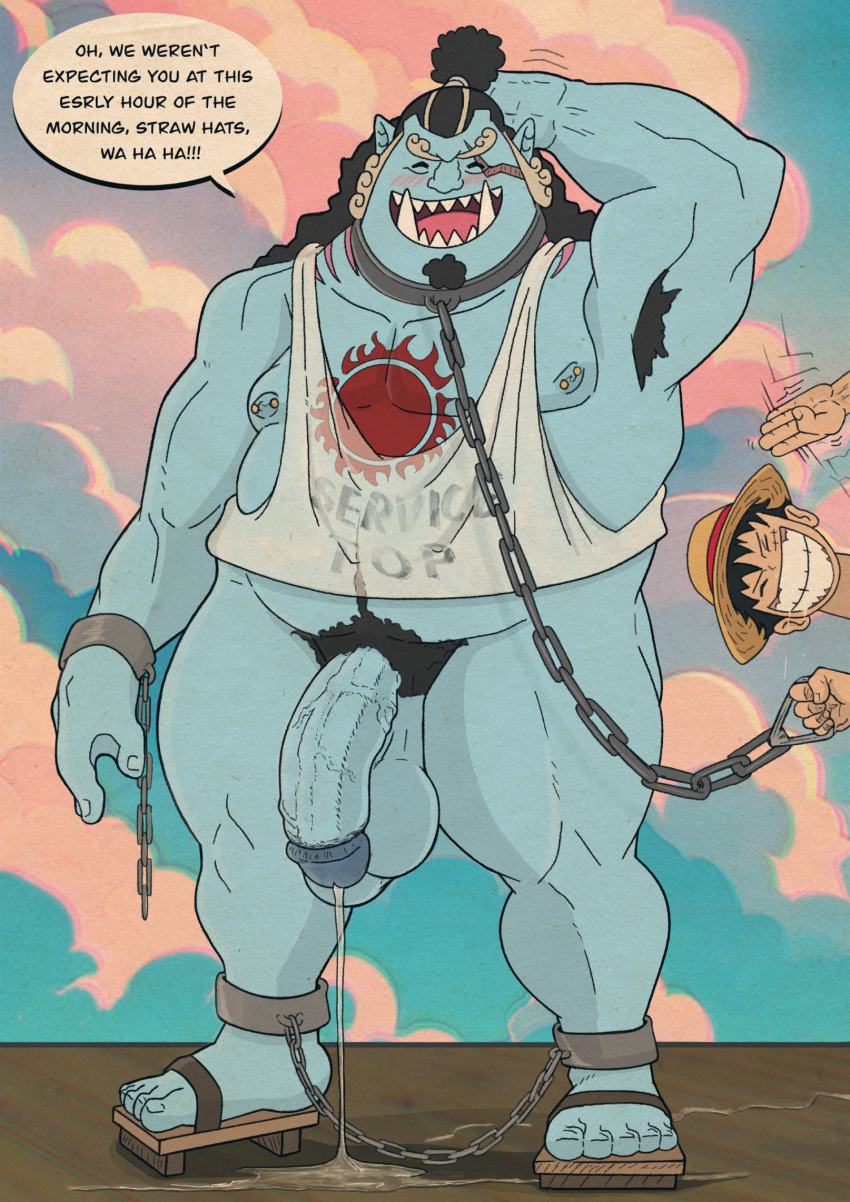 armpit_hair balls blue_body body_hair chain duo eye_scar facial_scar fish-men_(one_piece) genitals hi_res human humanoid jinbe luffy_(one_piece) male male/male mammal marine nipple_piercing nipples one_piece penis piercing pubes rev_(artist) scar vein veiny_penis