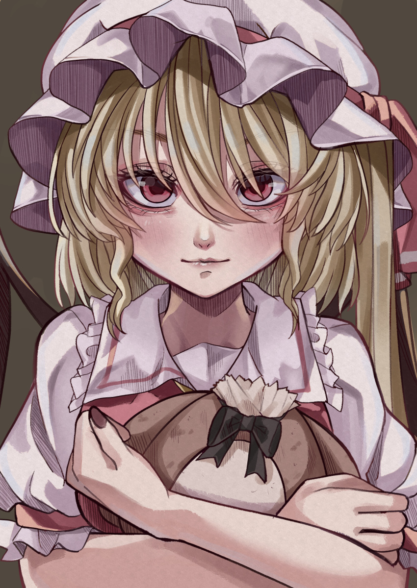 1girl absurdres black_bow black_bowtie black_nails blonde_hair blush bow bowtie closed_mouth collared_shirt commentary_request crossed_arms eyelashes eyes_visible_through_hair flandre_scarlet frilled_shirt_collar frills hair_between_eyes hat headless highres holding holding_stuffed_toy light_smile lips long_hair looking_at_viewer maboroshi_mochi mob_cap puffy_short_sleeves puffy_sleeves red_eyes red_vest shirt short_sleeves side_ponytail solo straight-on stuffed_animal stuffed_toy teddy_bear touhou tsurime upper_body vest white_headwear white_shirt wings