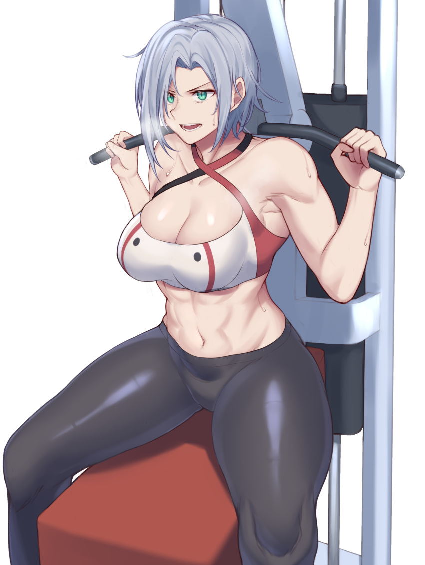 1girl abs absurdres aqua_eyes bench_press black_pants breasts breath breathing cleavage commission frenchvanillu girls'_frontline grey_hair highres mg5_(girls'_frontline) muscular muscular_female navel open_mouth pants second-party_source sitting solo sports_bra sweat teeth tight_clothes tight_pants weight_machine white_background yoga_pants