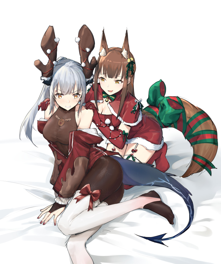 2girls absurdres alternate_costume angry animal_ear_fluff animal_ears arknights ass bare_shoulders black_pantyhose blue_tail blush bodystocking bow bowtie breasts bridal_gauntlets brown_hair brown_horns brown_tail capelet chinese_commentary christmas cleavage cleavage_cutout clothing_cutout commentary_request covered_collarbone dragon_girl dragon_tail dress elbow_gloves embarrassed fake_horns fingernails fox_ears fox_girl fox_tail franka_(arknights) fur-trimmed_capelet fur-trimmed_dress fur_trim gloves green_bow green_bowtie grey_hair hands_on_another's_shoulders highres horns jacket kneeling liskarm_(arknights) long_hair long_sleeves looking_at_another looking_at_viewer medium_breasts multiple_girls nail_polish no_shoes off_shoulder open_clothes open_jacket open_mouth orange_eyes pantyhose ponytail red_bow red_capelet red_dress red_gloves red_jacket red_nails ribbon santa_costume short_dress simple_background sleeveless smirk sweatdrop tail tail_bow tail_ornament thighhighs thighhighs_over_pantyhose traditional_bowtie vchan white_background white_ribbon white_thighhighs yellow_eyes