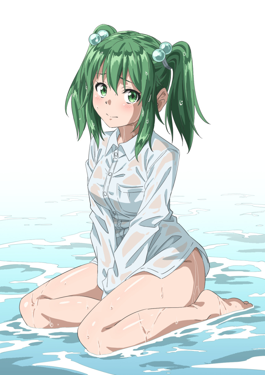 1girl ass barefoot blush breasts buttons closed_mouth collared_shirt commission green_eyes green_hair gyouza_(mhea5724) hair_bobbles hair_ornament highres kisume long_sleeves looking_at_viewer medium_hair shirt simple_background sitting skeb_commission small_breasts solo toes touhou twintails wariza water wet wet_clothes wet_shirt white_background white_shirt