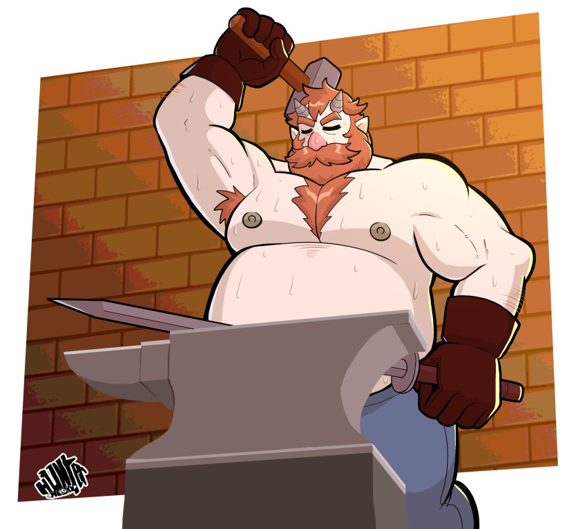 1boy =_= anvil armpits bara beard beard_over_mouth big_belly blacksmith body_fur cone_horns excessive_armpit_hair facial_hair fat fat_man feet_out_of_frame forge from_below full_beard hammer high_guardian_spice highres holding holding_hammer horns hunter_(nanothehedgehog) large_pectorals male_focus mature_male moss_phlox muscular muscular_male nipples orange_hair pectorals red_nose short_hair solo standing sweat thick_beard thick_chest_hair thick_eyebrows thick_mustache topless_male very_sweaty