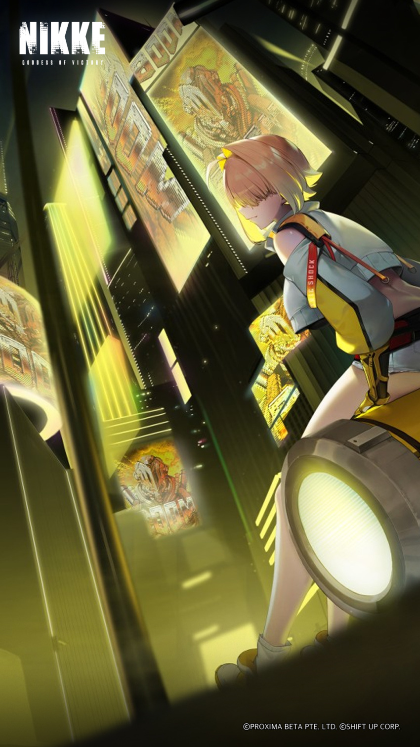 1girl ahoge artist_request ass back blonde_hair breasts building city crop_top doom_(2016) doom_(series) elegg_(nikke) goddess_of_victory:_nikke hair_intakes hair_over_eyes highres large_breasts logo_parody looking_back night official_art second-party_source shorts sitting skyscraper solo