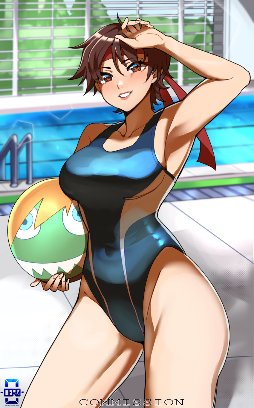 1girl absurdres armpits ball breasts brown_eyes ceroccb competition_swimsuit covered_navel day headband highres holding holding_ball kasugano_sakura large_breasts one-piece_swimsuit pool red_headband short_hair smile solo standing street_fighter street_fighter_v swimsuit thighs water