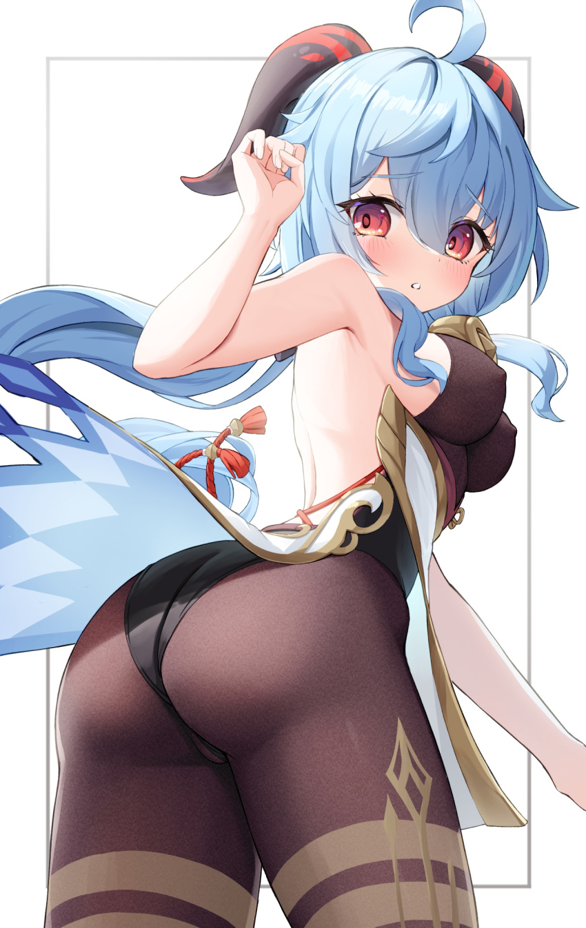 1girl ahoge ass back backless_outfit bare_shoulders bell black_leotard black_pantyhose blue_hair blush breasts covered_nipples from_behind ganyu_(genshin_impact) genshin_impact gold_trim highres horns humo leotard leotard_under_clothes long_hair looking_at_viewer looking_back low_ponytail medium_breasts neck_bell no_gloves pantyhose purple_eyes sideboob sidelocks sleeveless solo tassel thighlet thighs