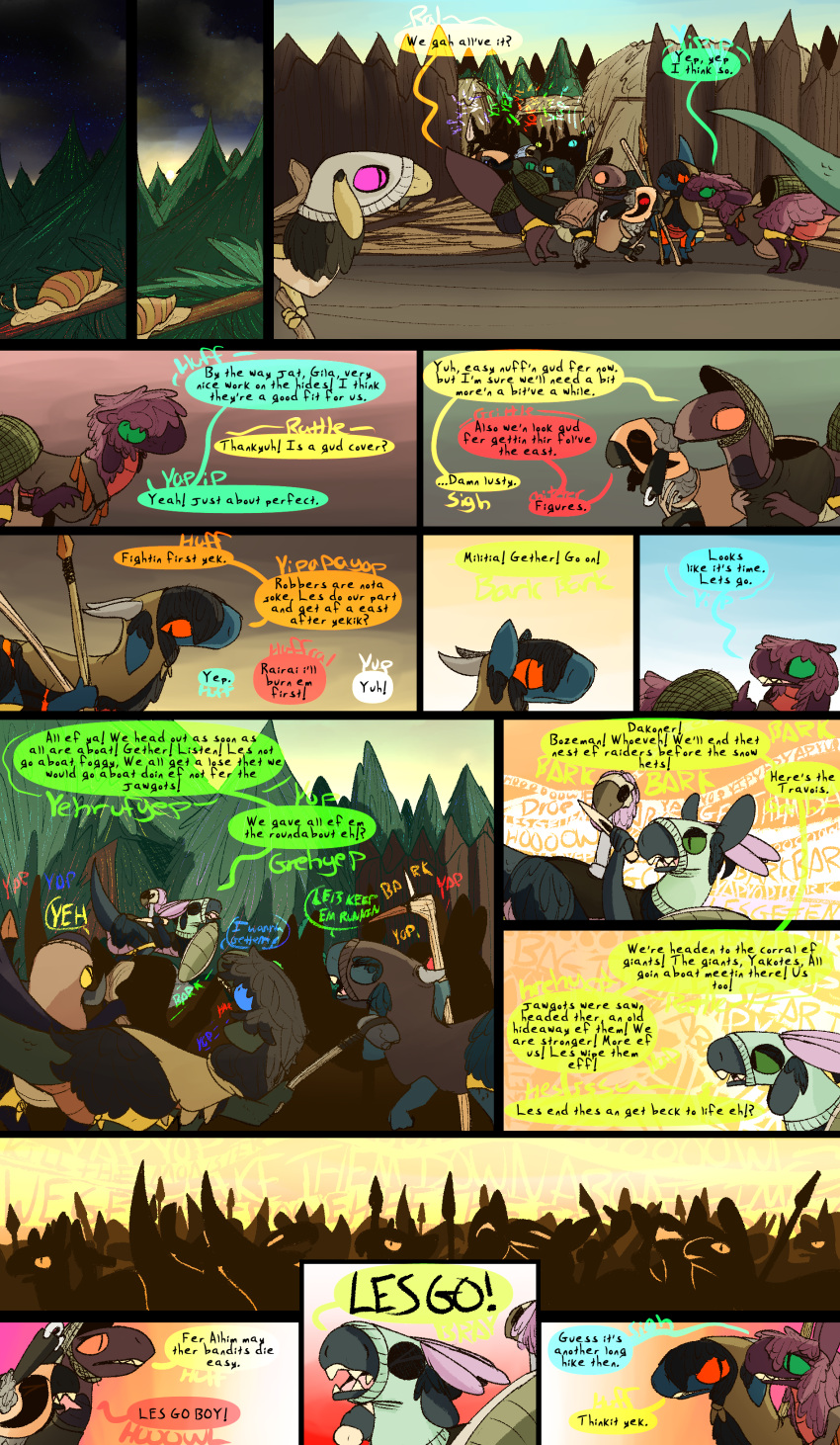 absurd_res club_(weapon) comic crowd dialogue dinosaur dodo_(thepatchedragon) doerate_(thepatchedragon) dragon dragonscape drekir dromaeosaurid fantasy female feral forest forl_(thepatchedragon) gila_(thepatchedragon) group hi_res hiker_(thepatchedragon) jat_(thepatchedragon) male melee_weapon morning mythological_creature mythological_scalie mythology plant polearm post-apocalyptic reptile scalie spear text thepatchedragon theropod tree weapon
