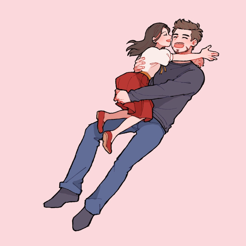 1boy 1girl animification arms_up avengers:_endgame avengers_(series) blue_pants blush brown_hair carrying carrying_person child chinese_commentary closed_eyes denim facial_hair father_and_daughter fingernails full_body grey_shirt grey_socks happy highres long_sleeves marvel marvel_cinematic_universe morgan_stark no_shoes open_mouth pants pink_background puffy_short_sleeves puffy_sleeves red_footwear red_skirt shirt shoes short_hair short_sleeves simple_background skirt smile socks tony_stark white_shirt wodeyongheng