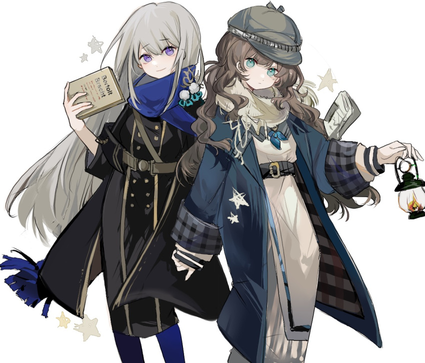 2girls belt bkornblume black_belt black_dress blue_coat blue_eyes blue_neckerchief blue_pantyhose blue_scarf book brown_hair cabbie_hat coat coat_dress curly_hair dot_mouth dress feet_out_of_frame grey_hair grey_headwear grey_scarf hand_up hat holding holding_book holding_lantern lantern long_dress long_hair long_sleeves looking_at_viewer marcus_(reverse:1999) multiple_girls neckerchief overcoat pantyhose reverse:1999 sam_browne_belt scarf smile standing star_(symbol) straight_hair white_background zhizhi_(surri79797)