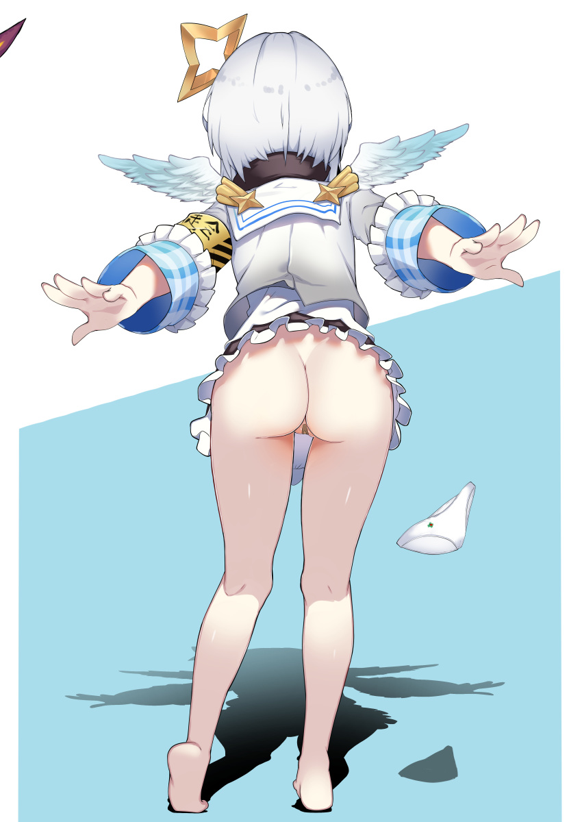 1girl absurdres amane_kanata amane_kanata_(1st_costume) angel_wings armband ass bandaid bandaid_on_pussy barefoot black_skirt bottomless commentary_request feathered_wings frilled_skirt frills from_behind full_body grey_hair grey_jacket halo highres hololive jacket leaning_forward long_sleeves medium_hair mini_wings outstretched_arms panties sailor_collar shadow shirt skirt solo standing star_halo underwear unworn_panties virtual_youtuber white_panties white_sailor_collar white_shirt wide_sleeves wings zonzu