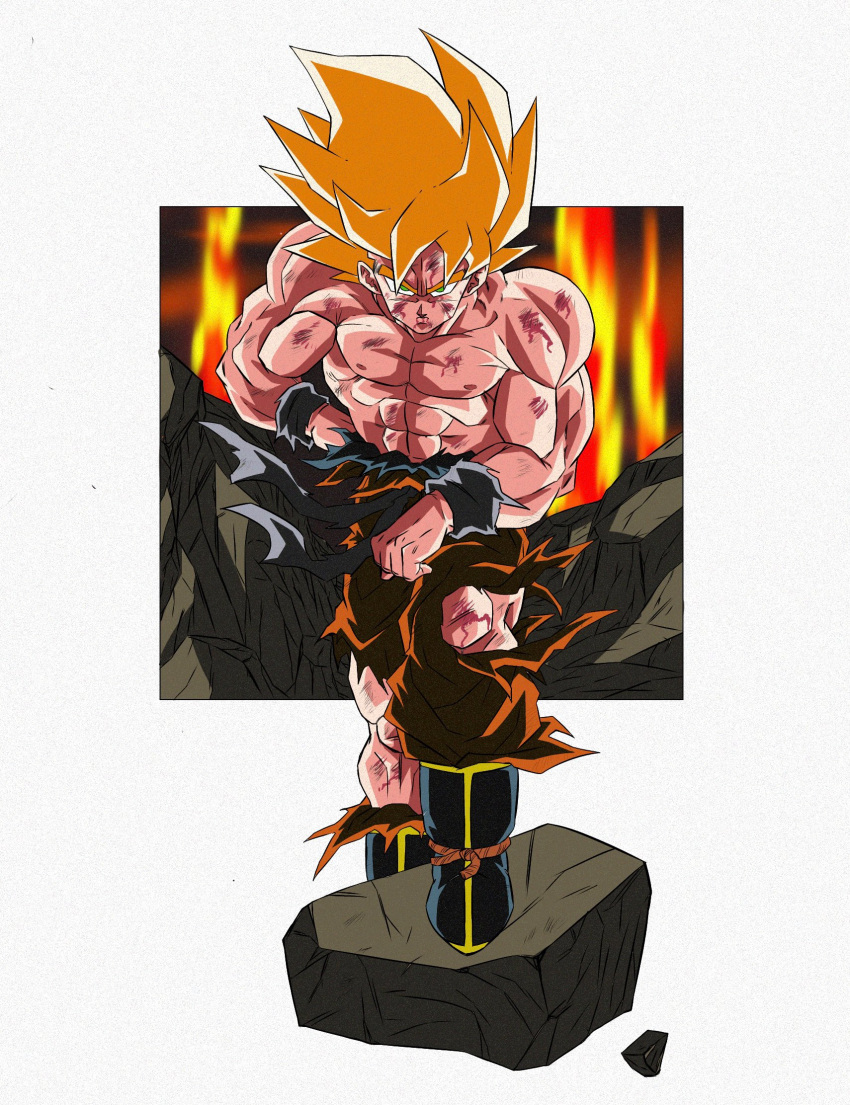 1boy abs arm_on_knee battle_damage blonde_hair blood blood_on_arm blood_on_chest blood_on_face blood_on_leg blue_sash blue_wristband boots border closed_mouth dragon_ball dragon_ball_z fire green_eyes hand_on_own_hip highres injury lava looking_at_viewer muscular muscular_male official_style oharu2000 orange_pants pants pectorals rock rubble sash serious solo son_goku spiked_hair standing super_saiyan super_saiyan_1 topless_male toriyama_akira_(style) torn_clothes white_border wind wind_lift wristband