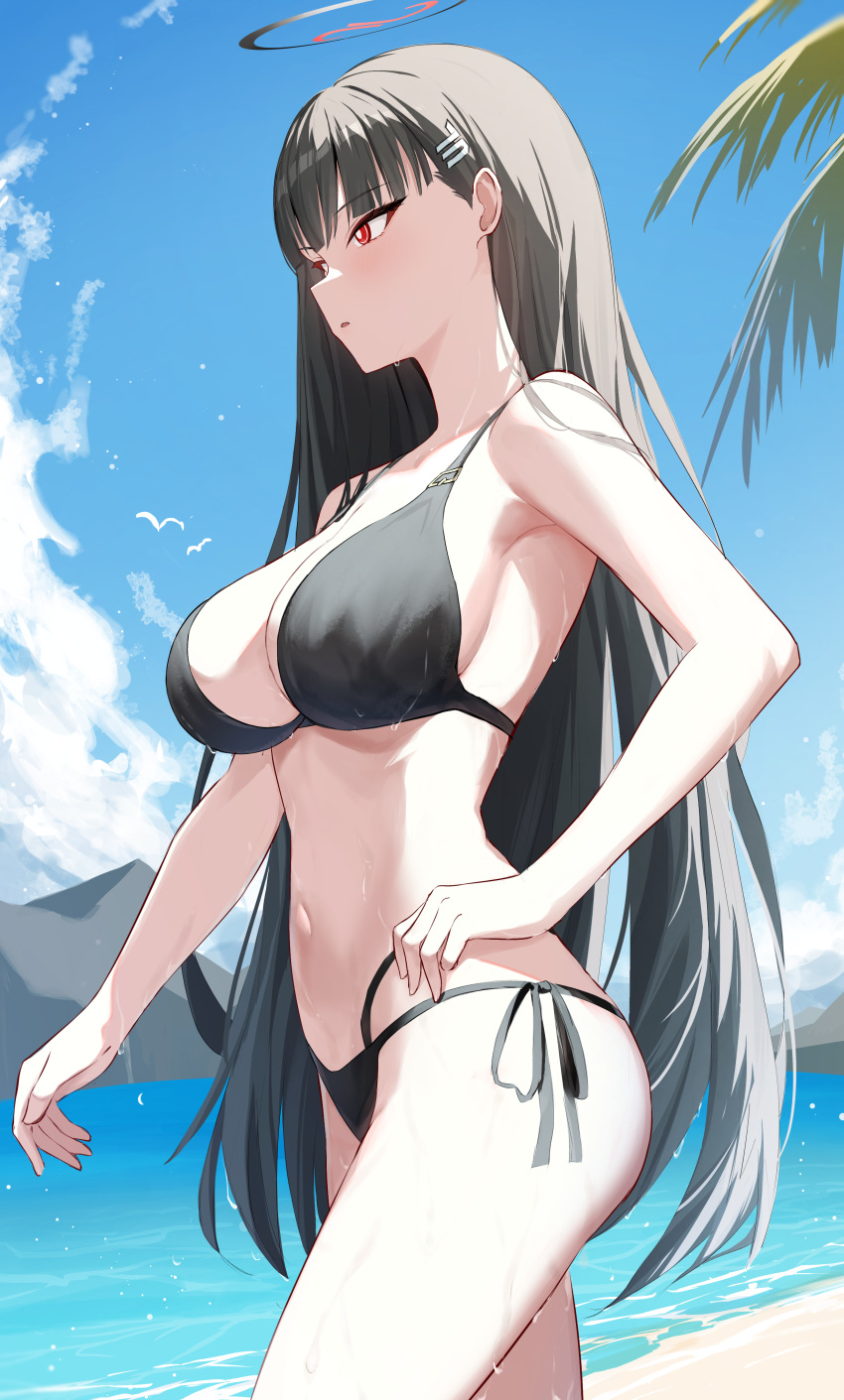 1girl absurdres anima_miko ass bare_arms bare_legs bare_shoulders beach bikini black_bikini black_hair blue_archive blush breasts cowboy_shot day hair_ornament hairpin halo highres large_breasts long_hair navel ocean open_mouth outdoors palm_leaf red_eyes rio_(blue_archive) sky solo swimsuit