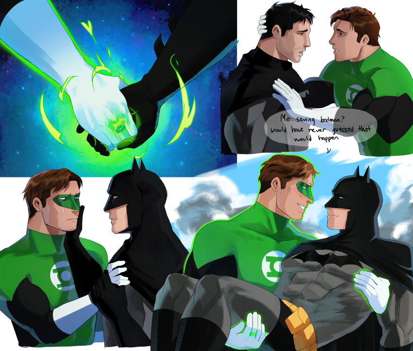 2boys absurdres bara batman_(series) black_bodysuit black_gloves black_hair blush bodysuit brown_hair carrying carrying_person couple crying crying_with_eyes_open dc_comics domino_mask english_text facial_hair gloves green_bodysuit green_lantern green_lantern_(series) grey_bodysuit hal_jordan haljordanmylove hand_on_another's_face highres holding_hands jewelry large_pectorals looking_at_another male_focus mask multiple_boys muscular muscular_male open_mouth pectorals ring short_hair simple_background smile streaming_tears superhero tears two-tone_bodysuit white_background white_gloves yaoi