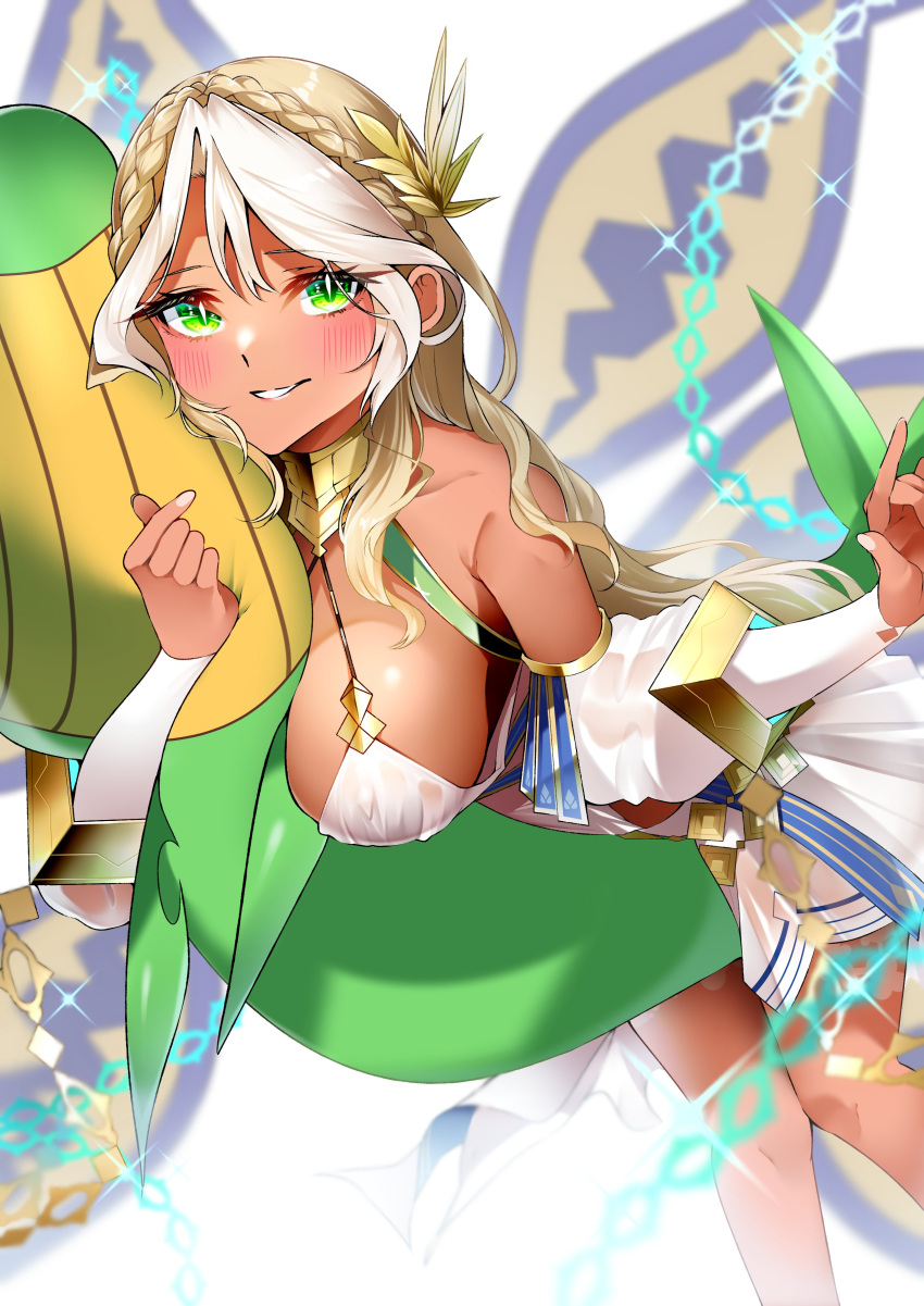 1girl absurdres andromeda_(fate) andromeda_(first_ascension)_(fate) armlet bare_shoulders blonde_hair blush braid breasts chain collar crown_braid cuffs dark-skinned_female dark_skin detached_sleeves dress fate/grand_order fate_(series) gold_teeth green_eyes grin hair_ornament highres inflatable_toy jaws large_breasts len_(hand_linke) long_hair looking_at_viewer low_twintails metal_collar multicolored_hair shackles short_dress sidelocks smile solo thighs twintails two-tone_hair white_dress white_hair