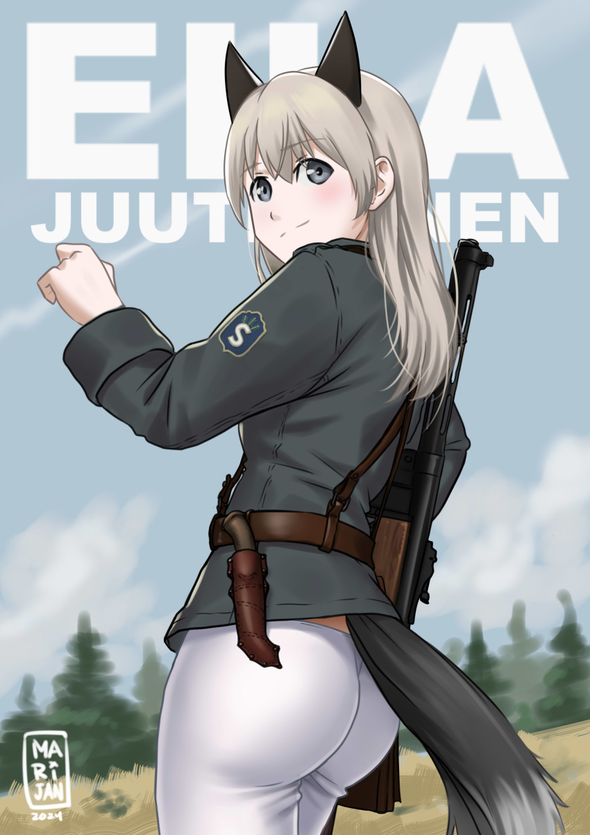 1girl 2024 absurdres animal_ears artist_name ass blue_eyes eila_ilmatar_juutilainen fox_ears fox_girl fox_tail green_jacket grey_hair gun highres jacket looking_at_viewer looking_back mardjan pants pantyhose smile solo strike_witches submachine_gun suomi_kp/-31 tail weapon white_pants world_witches_series