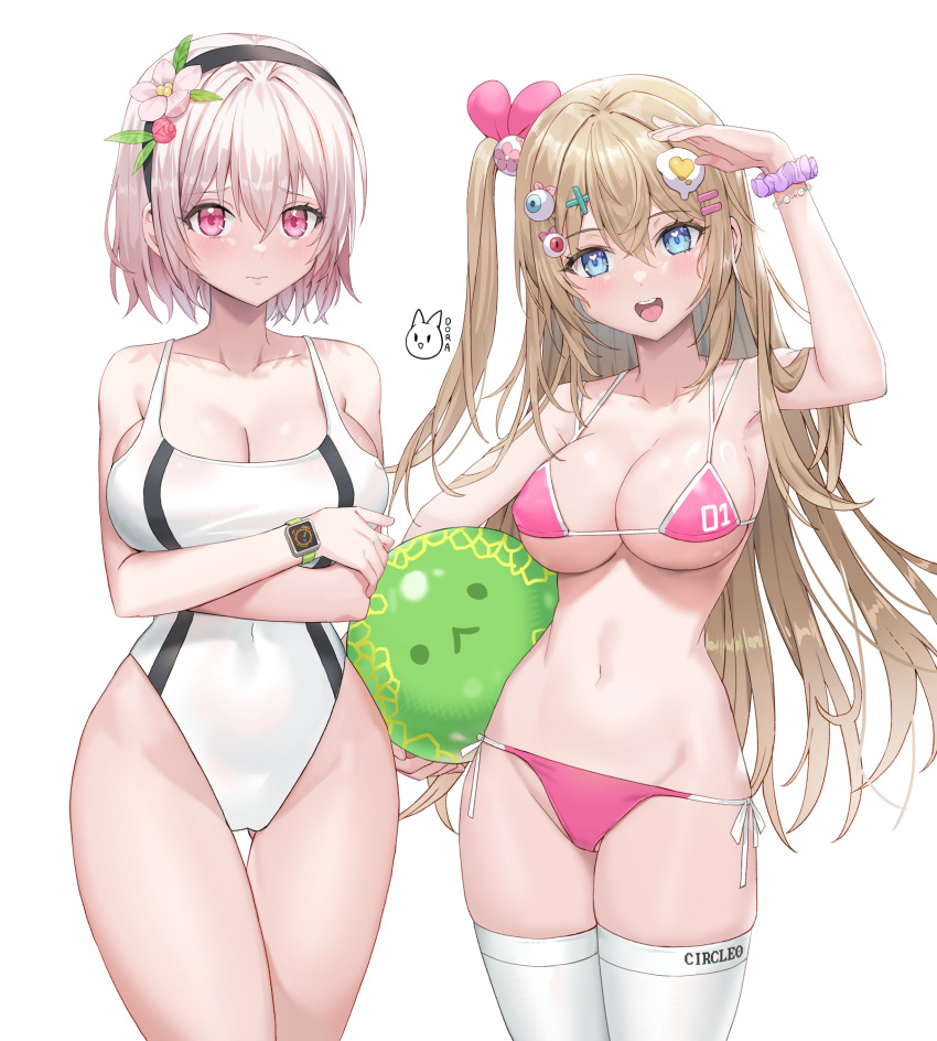 2girls arm_up armpits ass_visible_through_thighs ball bare_shoulders beachball bikini blonde_hair blue_eyes bracelet breast_hold breasts cleavage closed_mouth collarbone competition_swimsuit covered_navel covered_nipples cowboy_shot embarrassed flower hair_flower hair_ornament hairband hairclip heart heart-shaped_pupils highleg highleg_swimsuit highres holding jaeyun jewelry large_breasts long_hair looking_at_viewer medium_breasts multi-strapped_bikini_top multiple_girls navel one-piece_swimsuit one_side_up open_mouth original pink_bikini pink_eyes scrunchie shading_eyes short_hair side-tie_bikini_bottom simple_background skindentation smile stomach strap_gap string_bikini swimsuit symbol-shaped_pupils thigh_gap thighhighs thighs very_long_hair white_background white_hair white_one-piece_swimsuit white_thighhighs wrist_scrunchie