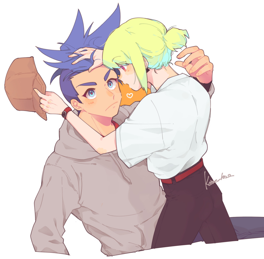 2boys androgynous artist_name baseball_cap belt black_pants blue_hair blush brown_hoodie collared_shirt commentary earrings from_behind galo_thymos green_hair hair_bun hand_in_another's_hair hat heart highres holding holding_clothes holding_hat hood hoodie jewelry kome_1022 lio_fotia looking_at_another looking_down looking_up male_focus mohawk multiple_boys nose_blush pants promare red_belt shirt short_hair short_sleeves sidelocks simple_background spiked_hair tight_clothes watch white_background wristwatch