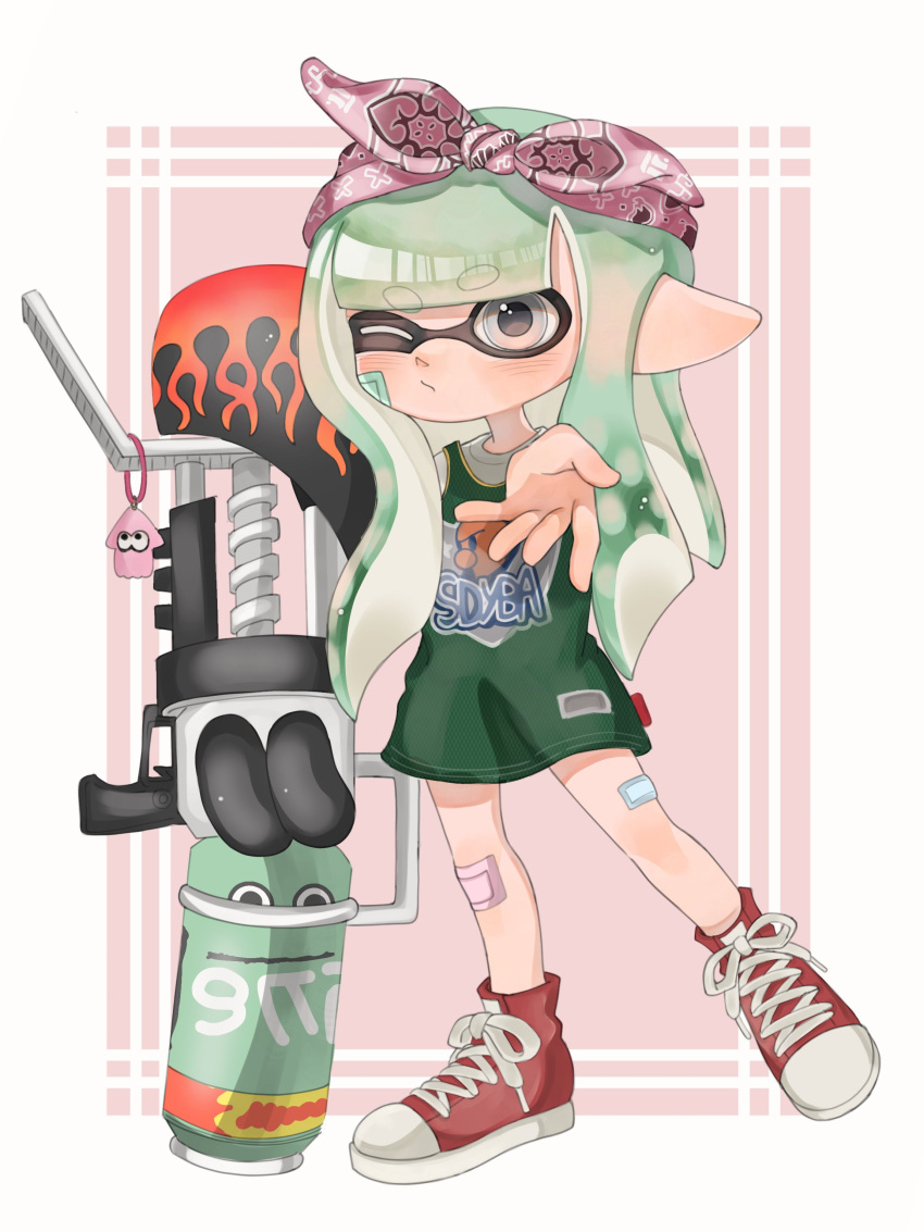 1girl absurdres bandaid bandaid_on_leg basketball_jersey blaster_(splatoon) border bow bow_hairband closed_mouth commentary cross-laced_footwear eyebrows_hidden_by_hair full_body green_hair grey_eyes gun hair_bow hairband highres holding holding_gun holding_weapon inkling inkling_girl inkling_player_character lemo_(lemo_4) long_hair one_eye_closed outside_border pointy_ears reaching reaching_towards_viewer red_background red_bow red_footwear red_hairband shoes solo splatoon_(series) splatoon_3 standing standing_on_one_leg tentacle_hair thick_eyebrows weapon white_border