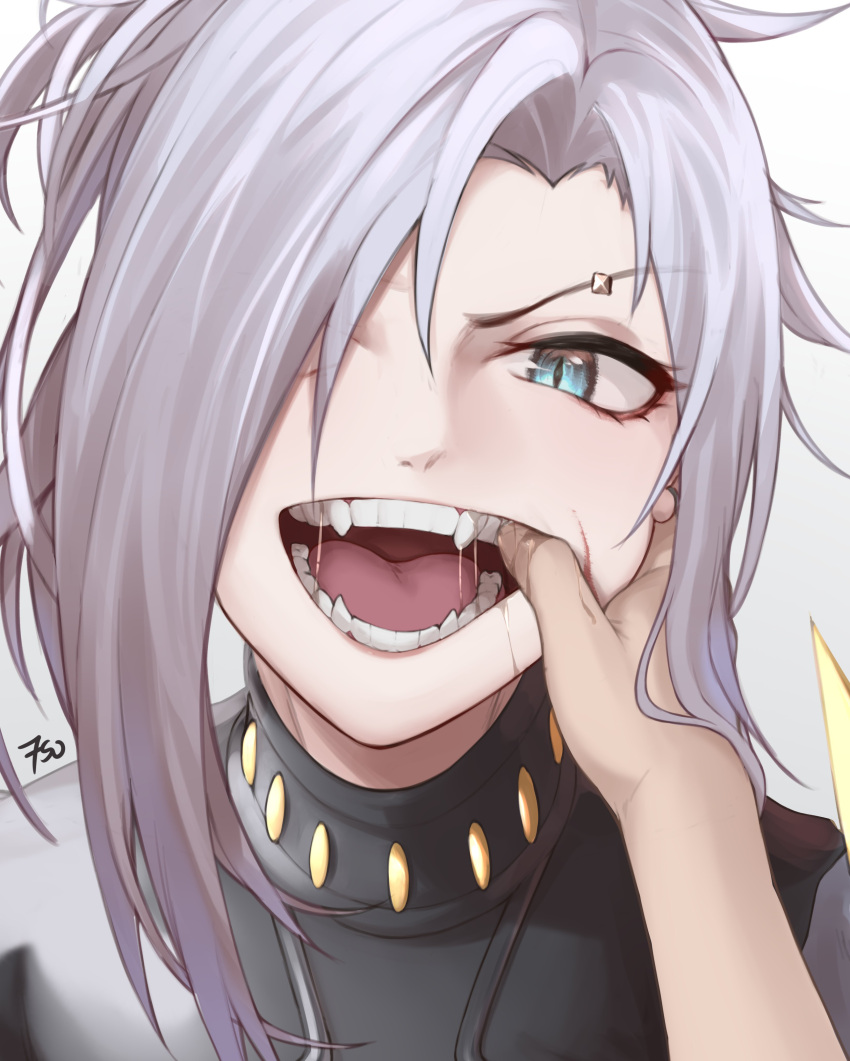 1girl absurdres angry artist_name blue_eyes commission fangs finger_in_another's_mouth frenchvanillu girls'_frontline grey_background grey_hair hair_over_one_eye highres looking_at_viewer medium_hair mg5_(girls'_frontline) mg5_(knight_of_calamity)_(girls'_frontline) official_alternate_costume open_mouth portrait pov pov_hands scar scar_on_cheek scar_on_face teeth tongue
