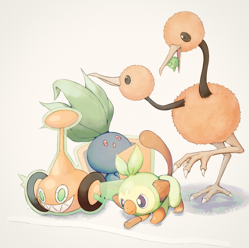 :o absurdres bird blue_skin brown_fur closed_mouth colored_skin commentary_request doduo fireblast green_eyes grin grookey highres holding holding_stick leaf multiple_heads no_humans oddish open_mouth pokemon pokemon_(creature) red_eyes rotom rotom_(mow) simple_background smile stick tail talons teeth white_background