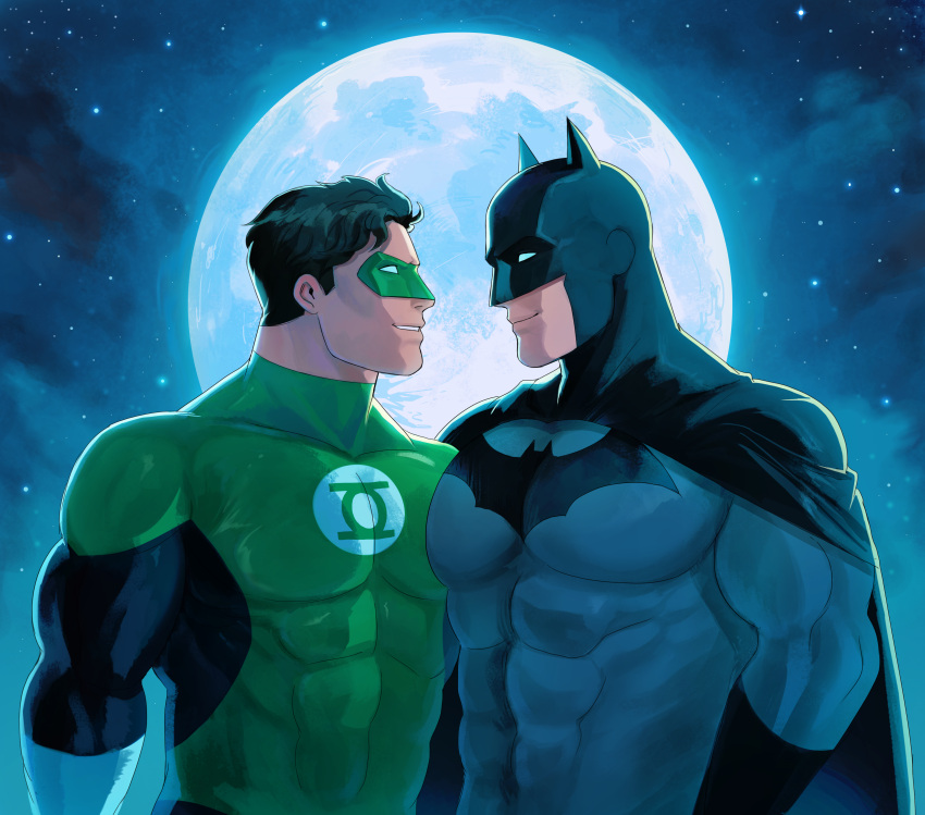 2boys absurdres bara batman batman_(series) black_bodysuit black_cape black_gloves bodysuit brown_hair bruce_wayne cape closed_mouth dc_comics domino_mask full_moon gloves green_bodysuit green_lantern green_lantern_(series) grey_bodysuit hal_jordan haljordanmylove highres large_pectorals male_focus mask moon multiple_boys muscular muscular_male night night_sky outdoors pectorals short_hair sky smile star_(sky) superhero two-tone_bodysuit upper_body white_gloves yaoi