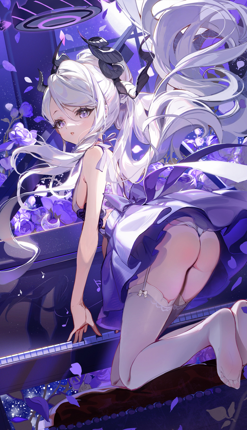 1girl absurdres adapted_costume akizero1510 ass black_horns blue_archive blush demon_horns dress flower halo highres hina_(blue_archive) hina_(dress)_(blue_archive) horns instrument long_hair multiple_horns musical_note open_mouth panties piano piano_keys purple_dress purple_eyes purple_flower quarter_note sixteenth_note sleeveless sleeveless_dress soles solo thighhighs toes underwear white_hair white_panties white_thighhighs