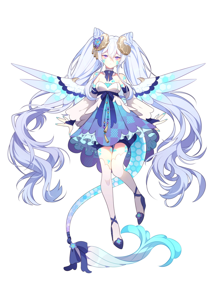 1girl absurdres bare_shoulders bloomers detached_sleeves dragoon_(quantum_protocol) dress facial_mark hen-tie high_heels highres horns long_hair looking_at_viewer non-web_source purple_eyes quantum_protocol tail thighhighs transparent_background twintails white_hair wings