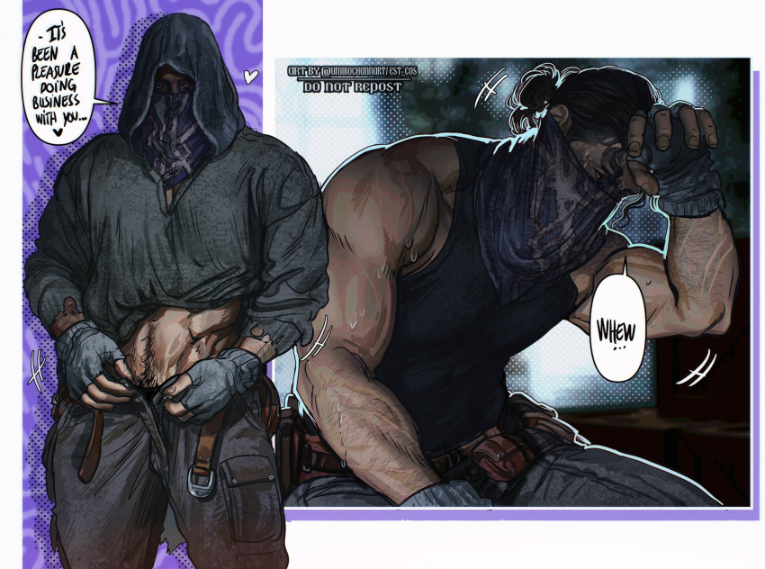 1boy bandana bandana_over_mouth bara belt black_coat black_gloves black_hair black_pants black_tank_top brown_belt clothes_lift coat english_commentary english_text gloves heart highres hood hood_up hooded_coat large_pectorals male_focus merchant_(resident_evil) muscular muscular_male navel_hair open_belt open_pants pants pectorals ponytail purple_bandana resident_evil resident_evil_4 resident_evil_4_(remake) short_hair sitting tank_top twitter_username umikochannart