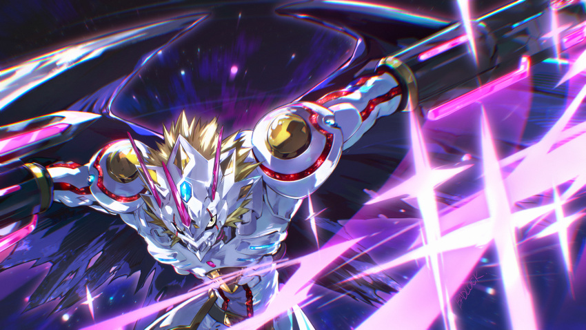 1boy absurdres arm_blade arm_cannon armor badluck black_wings blonde_hair digimon dragon forehead_jewel glowing highres horns looking_at_viewer mask mouth_mask short_hair siriusmon sparkle spiked_hair torn_wings weapon wings yellow_eyes