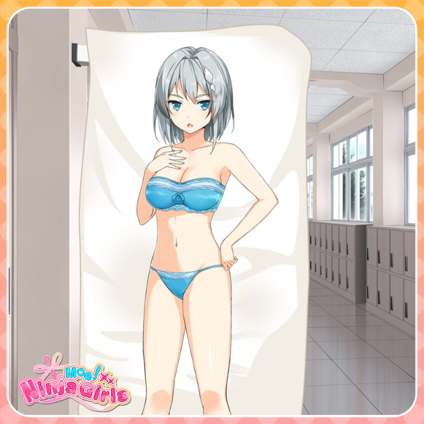 1girl bare_arms bare_legs bare_shoulders bikini blue_bikini blue_eyes breasts cleavage collarbone dot_nose grey_hair groin hair_ornament hallway hand_on_own_chest hand_on_own_hip knees large_breasts looking_at_viewer machiyuki_ricka moe!_ninja_girls navel open_mouth school short_hair solo standing stomach swimsuit thighs window