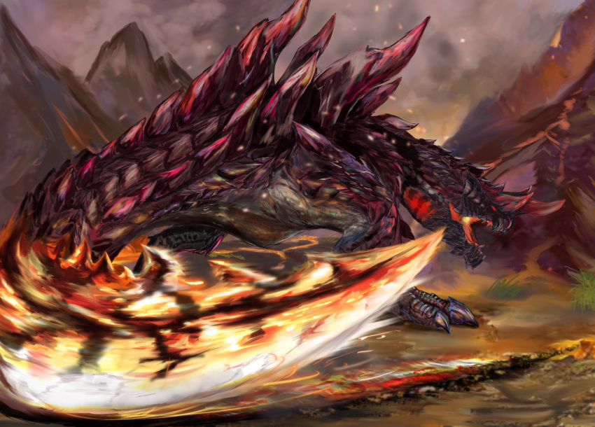 back digitigrade dinosaur embers fire fujikura glavenus glowing_mouth glowing_tail grass hellblade_glavenus highres horns lava monster monster_hunter_(series) monster_hunter_stories_2 monster_hunter_x mountain open_mouth red_eyes scales sharp_tail sharp_teeth smoke solid_eyes solo spikes standing tail teeth