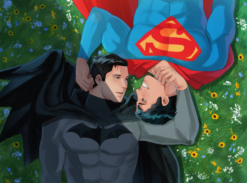 2boys absurdres bara batman batman_(series) black_cape black_hair blue_bodysuit bodysuit bruce_wayne cape clark_kent couple dc_comics facial_hair flower grey_bodysuit haljordanmylove highres large_pectorals looking_at_another lying male_focus multiple_boys muscular muscular_male on_back open_mouth outdoors pectorals red_cape short_hair smile superman superman_(series) teeth yaoi yellow_flower