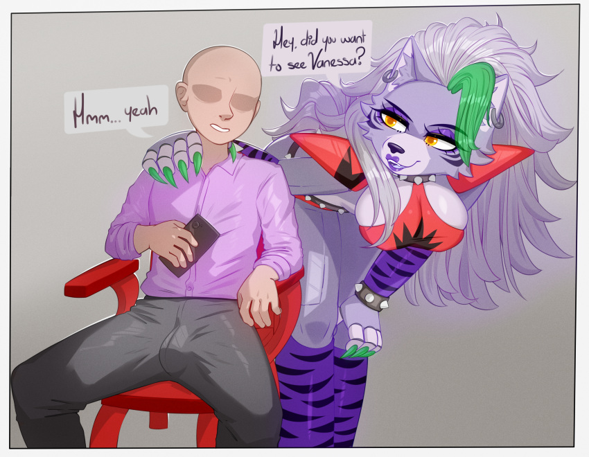 2023 5_fingers absurd_res animatronic anthro bald big_breasts blush bracelet breasts bulge choker clothed clothing colored_nails duo ear_piercing ear_ring electronics english_text erection erection_under_clothing female fingers five_nights_at_freddy's five_nights_at_freddy's:_security_breach green_nails hair hi_res holding_object holding_phone human jewelry larger_female lipstick long_hair machine makeup male mammal nails necklace phone piercing purple_lipstick ring_piercing robot roxanne_wolf_(fnaf) scottgames sitting size_difference smaller_male spiked_bracelet spiked_choker spiked_wristband spikes steel_wool_studios text yellow_eyes zexlynk