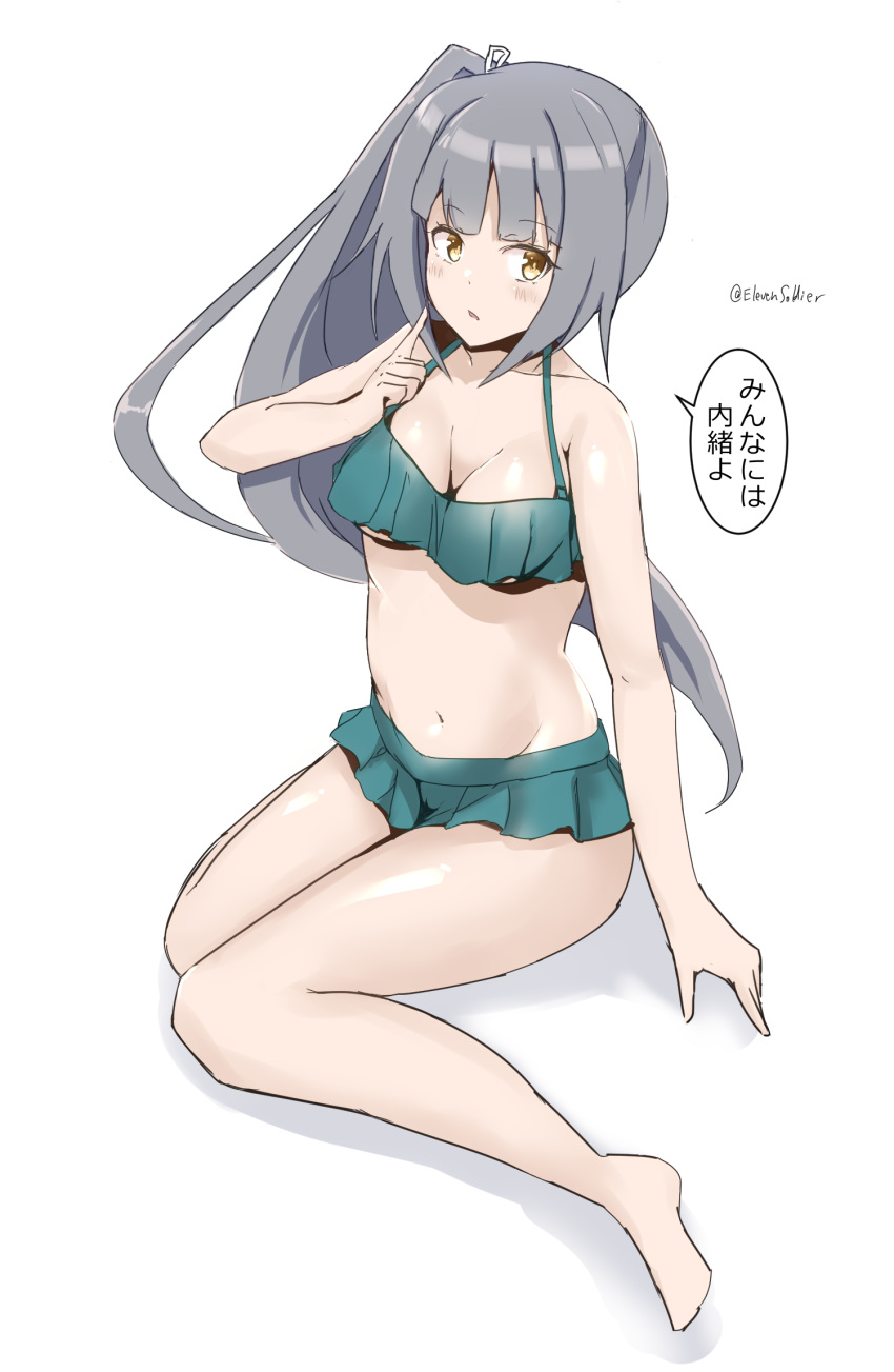 1girl bare_shoulders barefoot bikini breasts brown_eyes cleavage commentary_request frilled_bikini frills from_side full_body green_bikini grey_hair hair_ribbon highres index_finger_raised kantai_collection kasumi_(kancolle) kasumi_kai_ni_(kancolle) long_hair looking_at_viewer looking_to_the_side medium_breasts minoa_11touhei official_alternate_costume partial_commentary ribbon side_ponytail simple_background solo swimsuit translation_request twitter_username white_background