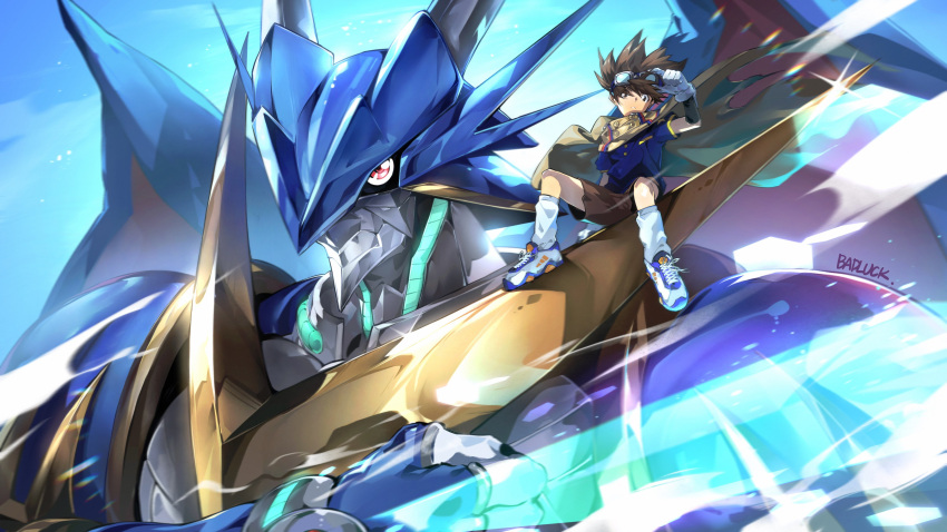 1boy absurdres adjusting_goggles armor artist_name badluck blue_shirt blue_skin brown_hair brown_shorts cloak colored_skin creature digimon digimon_(creature) digimon_adventure_v-tamer_01 dragon energy_sword goggles goggles_on_head highres horns red_eyes shirt shorts spiked_hair sword ulforcev-dramon weapon wings wrist_blades yagami_taichi_(digimon_adventure_v-tamer_01)