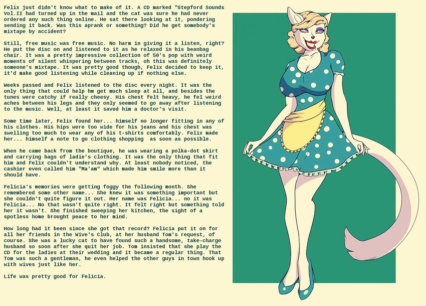 anatht_(artist) apron caption cat clothing domestication dress feline female gender_transformation happy_trance housewife invalid_tag mammal mind_control solo spiral_eyes stepfordization story submissive text transformation