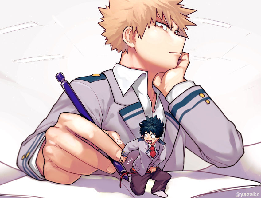 2boys bakugou_katsuki belt blonde_hair boku_no_hero_academia brown_pants green_hair highres holding holding_pen long_sleeves male_focus midoriya_izuku multiple_boys pants pen red_eyes school_uniform short_hair twitter_username u.a._school_uniform yazaki_(yazakc)