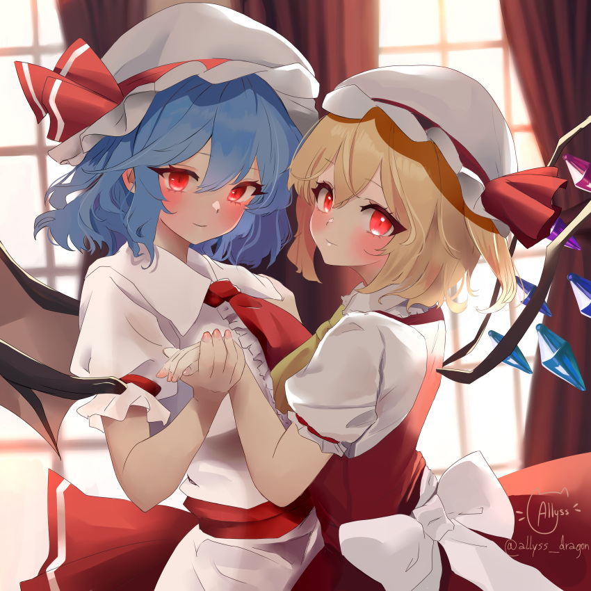 2girls absurdres allyss artist_name ascot bat_wings blonde_hair blue_hair blush crystal_wings curtains flandre_scarlet hat hat_ribbon highres holding_hands looking_at_viewer mob_cap multiple_girls puffy_short_sleeves puffy_sleeves red_ascot red_eyes red_vest remilia_scarlet ribbon short_hair short_sleeves siblings sisters smile touhou vest white_headwear window wings yellow_ascot