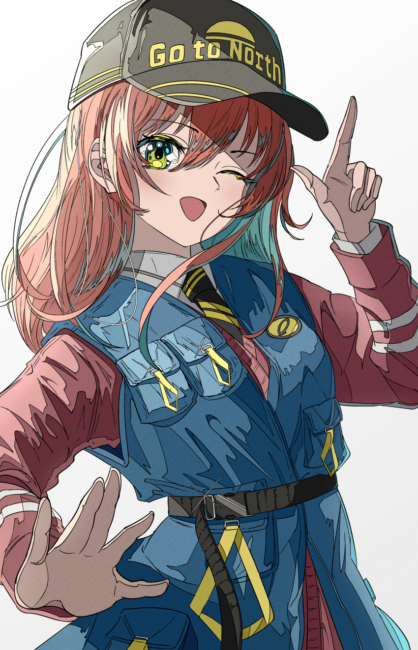 1girl ;d absurdres baseball_cap belt black_belt black_headwear black_necktie blue_vest bocchi_the_rock! breast_pocket cardigan collared_shirt finger_gun gradient_background green_eyes hair_between_eyes hand_up hat headwear_writing highres index_finger_raised kita_ikuyo long_hair long_sleeves looking_at_viewer natsugu72 necktie one_eye_closed open_hand outstretched_hand pocket red_cardigan red_hair shirt smile solo upper_body vest white_background white_shirt