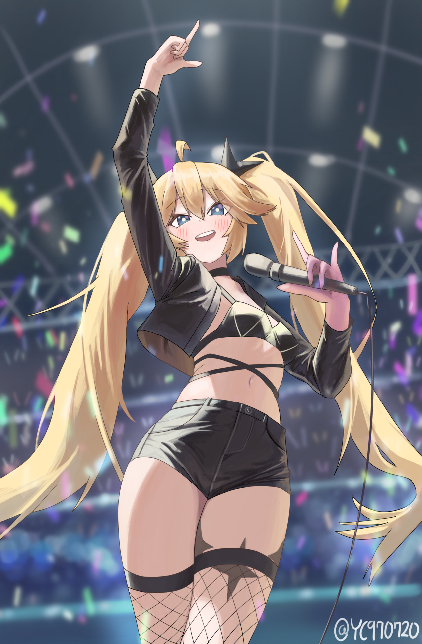 1girl absurdres arm_up bikini bikini_top_only black_bikini black_choker black_jacket blonde_hair blue_eyes blush breasts choker clear_(djmax) cowboy_shot djmax djmax_respect fishnet_thighhighs fishnets hair_between_eyes hair_ornament highres holding holding_microphone idol jacket long_hair long_sleeves looking_at_viewer microphone navel open_mouth short_shorts shorts small_breasts smile solo stage standing star_(symbol) swimsuit syc2159 thighhighs