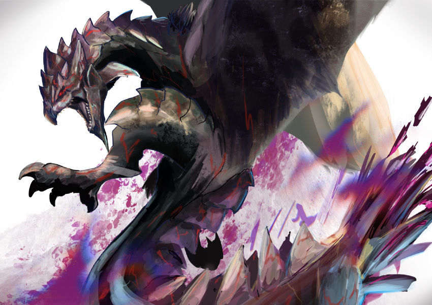 absurdres apex_rathian chin_spike claws flying fujikura gradient_background highres monster monster_focus monster_hunter_(series) monster_hunter_rise open_mouth pointy_ears poison rathian red_eyes scales scar sharp_teeth solid_eyes solo spiked_tail spikes spread_wings tail teeth white_background wings