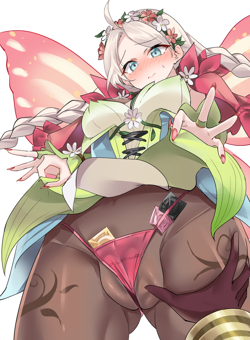 1boy 1girl absurdres ahoge ass_visible_through_thighs bikini blue_eyes blush braid breasts brown_pantyhose butterfly_wings cameltoe capelet clothes_lift commission commissioner_upload condom condom_wrapper cross-laced_clothes cross-laced_dress deep_skin fairy_wings fingernails fire_emblem fire_emblem_fates fire_emblem_heroes flower flower_bracelet from_below gloves gradient_clothes green_bracelet groping hair_vines hetero highres insect_wings kiran_(fire_emblem) kiran_(male)_(fire_emblem) leaf_bracelet leather leather_gloves lifted_by_self long_fingernails long_hair looking_at_viewer low_twin_braids medium_breasts micro_bikini nail_polish nina_(fire_emblem) nina_(resplendent)_(fire_emblem) non-web_source official_alternate_costume panties pantyhose parted_bangs pink_capelet pink_flower pink_nails pink_panties pov pussy ragnaveldt shy skirt skirt_lift solo_focus swimsuit thigh_grab transparent_background twin_braids underwear vine_bracelet vine_harness vine_print white_flower wings