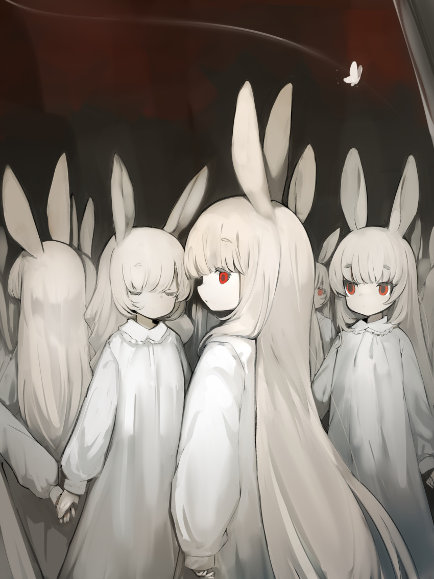 6+girls absurdres albino animal_ears arms_at_sides black_background bug butterfly closed_eyes closed_mouth collared_dress commentary dot_nose dress expressionless highres holding_hands long_hair long_sleeves multiple_girls original pale_skin profile puffy_long_sleeves puffy_sleeves rabbit_ears red_background red_eyes shirokujira sleeves_past_wrists standing trail very_long_hair wavy_hair white_butterfly white_dress white_hair