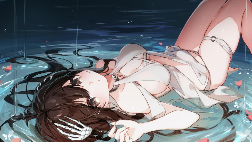 1girl bare_shoulders bikini bison_cangshu black_choker breasts brown_eyes brown_hair choker cleavage hair_ornament hair_spread_out hand_up highres knees_up long_hair looking_at_viewer lying medium_breasts on_back original parted_lips petals skeletal_hand skindentation solo swimsuit thighs water white_bikini