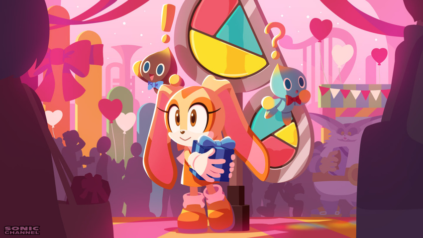 ! ? animal_ears balloon big_the_cat bow bowtie box brown_eyes cat_ears chao_(sonic) cheese_(sonic) chocola_(sonic) commentary_request cream_the_rabbit crowd full_body furry furry_female furry_male gift gift_box gloves heart_balloon official_art rabbit_ears smile sonic_(series) sonic_advance_2 uno_yuuji white_gloves