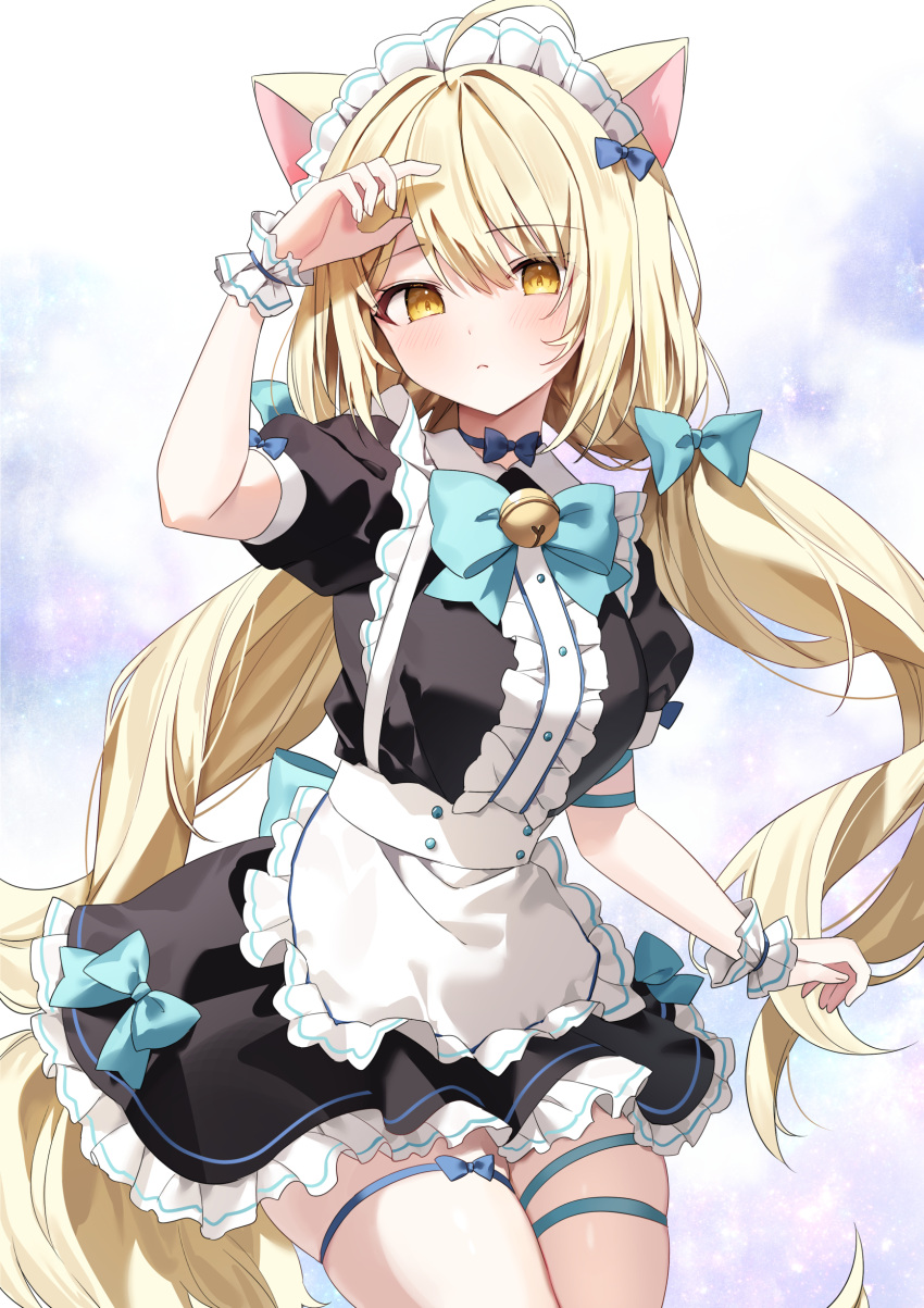 1girl absurdres ahoge animal_ears apron arm_up bell black_dress blonde_hair blue_choker bow bowtie breasts cat_ears center_frills choker closed_mouth commission cowboy_shot dress expressionless fox_ears fox_tail frilled_apron frilled_dress frills hair_bow highres jingle_bell long_hair looking_at_viewer low_twintails maid maid_apron maid_headdress medium_breasts original pixiv_commission ribbon_choker short_dress short_sleeves skindentation solo tail thigh_strap thighs twintails very_long_hair wrist_cuffs yellow_eyes yon_(letter)